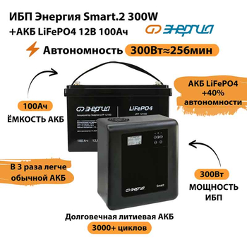 ИБП для котла Энергия Smart 2 300Вт + LiFePO4 Аккумулятор 12v 100Ah (300Вт - 256мин) - ИБП и АКБ - ИБП Энергия - ИБП для котлов отопления - . Магазин оборудования для автономного и резервного электропитания Ekosolar.ru в Раменском